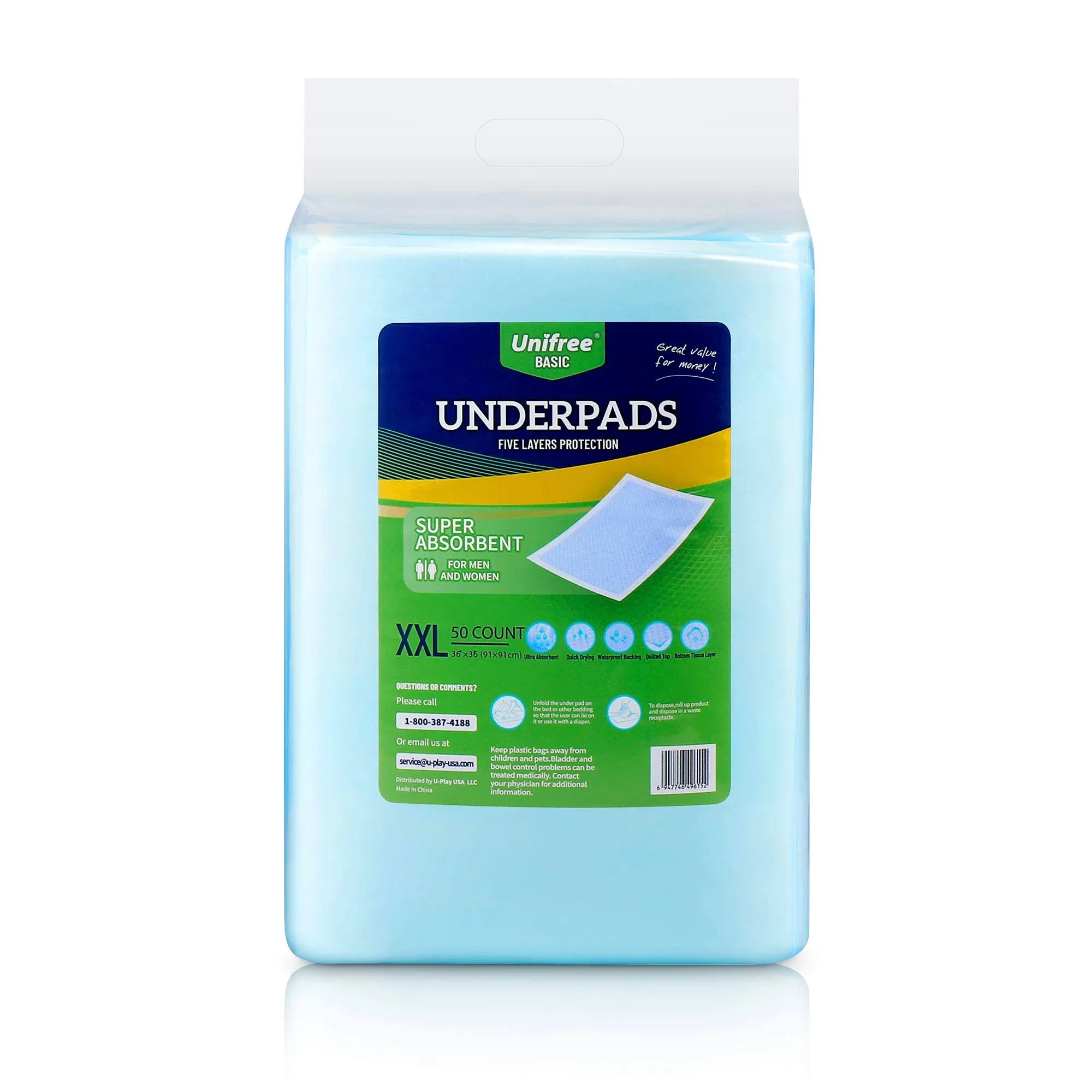 Unifree Disposable Underpads, Bed Pads, Incontinence Pad, Super Absorbent, 40 Count, Blue (XXL 36x36 inch)