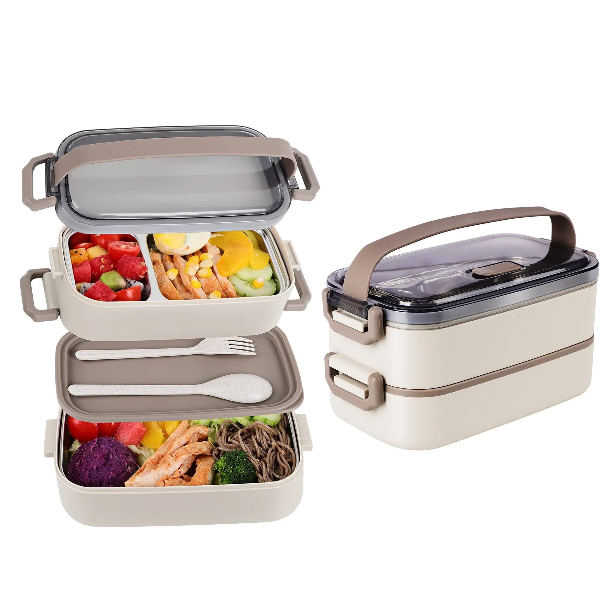 Stainless Steel Bento Box for Adults&Kids,Japanese Leakproof Lunch Box Divided Food Meal Storage Containers Set Stackable 2 Layer for Children School Picnic Beige