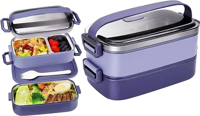 Stainless Steel Bento Box for Adults&Kids,Japanese Leakproof Lunch Box Divided Food Meal Storage Containers Set Stackable 2 Layer for Children School Picnic Green