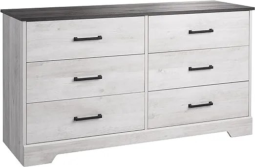 Prepac Rustic Ridge Farmhouse 6-Drawer Double Dresser, Washed White Dresser for Bedroom, Chest of Drawers with 6 Storage Drawers, 53.25” wide x 18.25” deep x 28.5” tall, Washed White