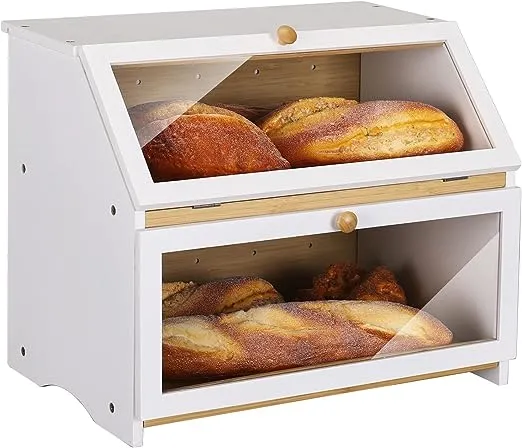 HOMEKOKO Double Layer Large Bread Box for Kitchen Counter, Wooden Large Capacity Bread Storage Bin (White)