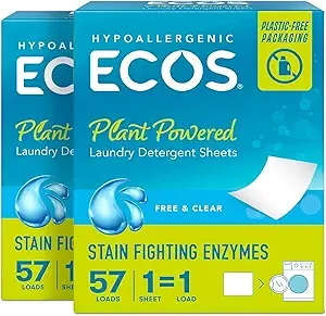 ECOS Laundry Detergent Sheets - No Plastic - Vegan, No Mess & Liquid Free - Laundry Sheets in Washer - Hypoallergenic, Plant Powered Laundry Detergent Sheets, 57 Count (Pack of 2) (Packaging May Vary)