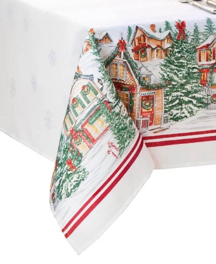 Elrene Home Fashions Storybook Christmas Village Bordered Holiday Wrinkle Resistant Tablecloth, 70"x70" Round, Multi