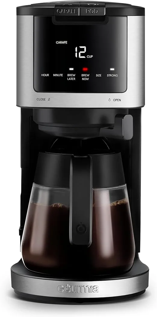 Gourmia 2-in-1 Single Serve Pod + 12-Cup Coffee Maker with Adjustable Up To 4-Hour Keep Warm