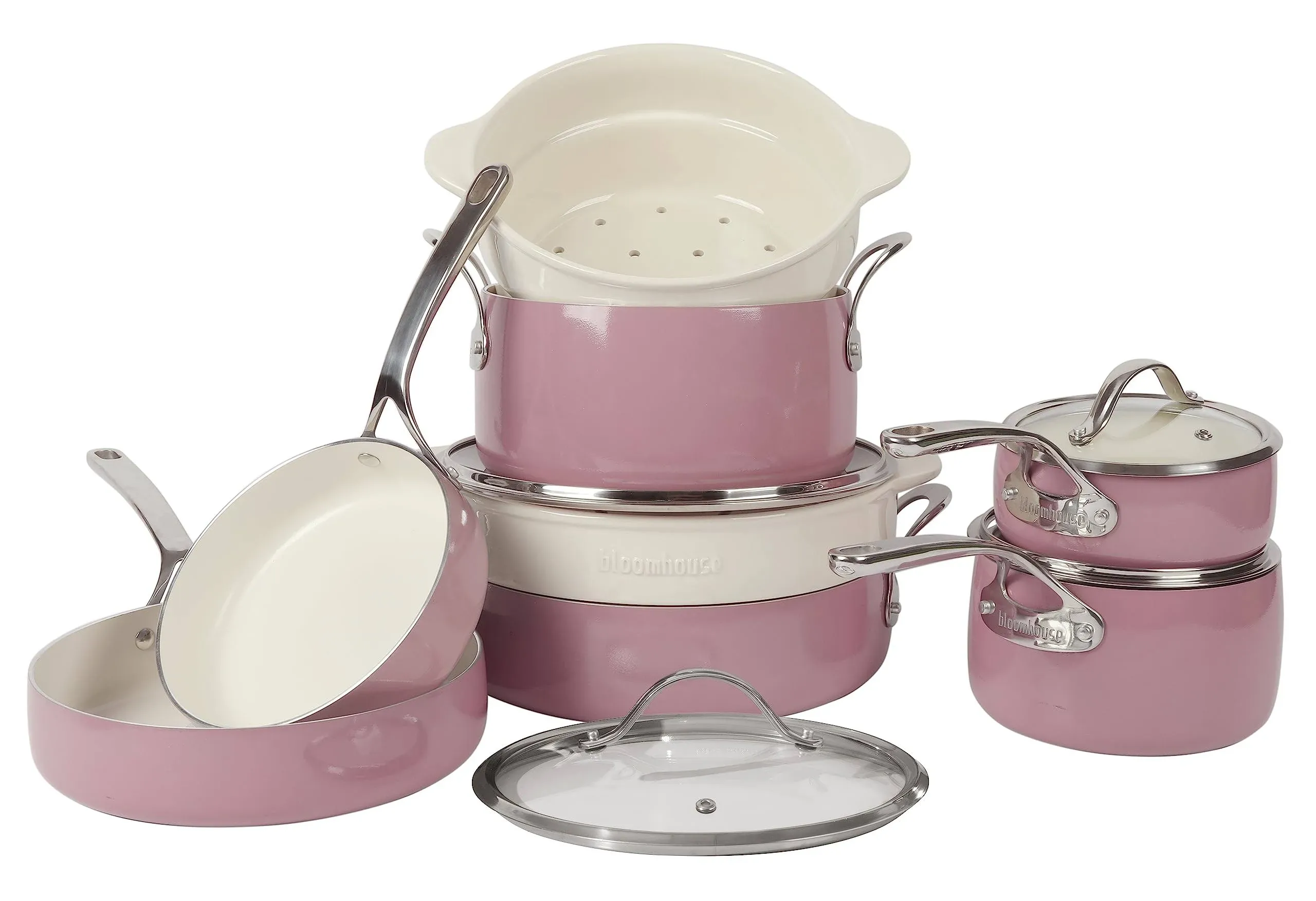 Oprah's Favorite Things - 12 Piece Aluminum Pots and Pans Cookware Set w/Non-toxic Ceramic Non-stick, Ceramic Steamer Insert, & 12 Protective Care Bags - Pink Orchid