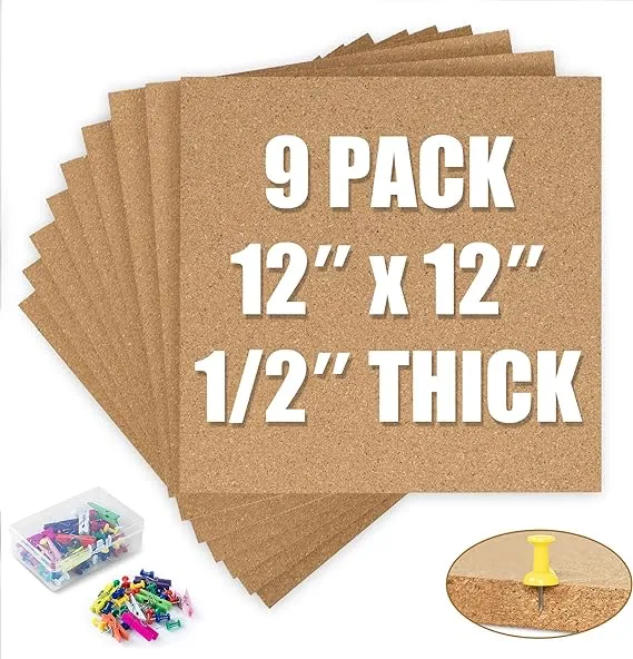 AKTOP Cork Board Bulletin Board 12x12, 1/2" Thick Cork Board Tiles 6 Pack, Small Square Pin Board for Wall, Self Adhesive Corkboards with 60 Push Pin Wood Clips for School, Home & Office