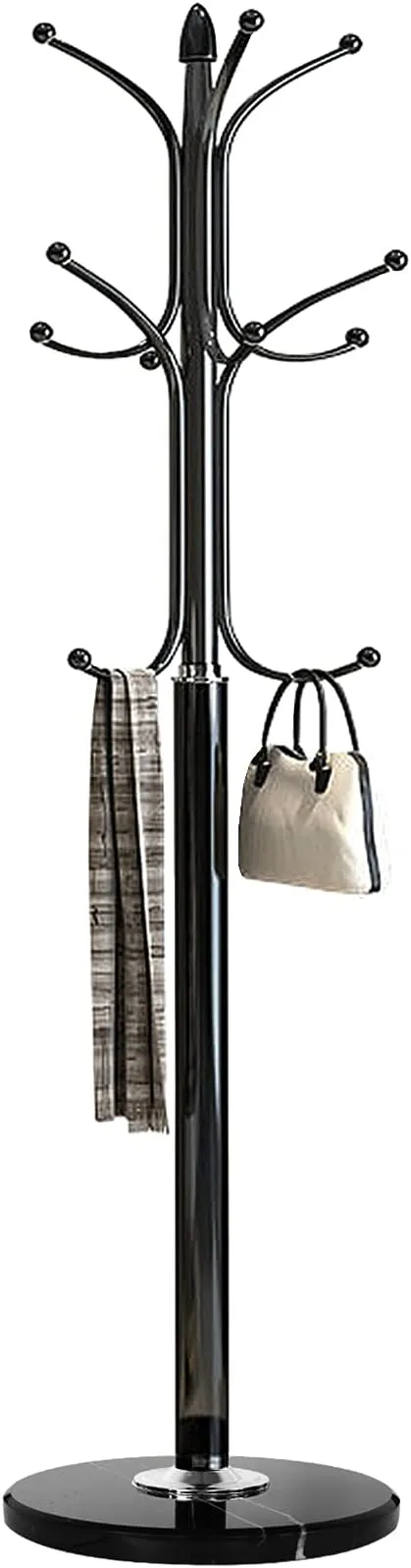 Kertnic Metal Coat Rack Stand with Natural Marble Base, Free Standing Hall Tree with 12 Hooks for Hanging Scarf, Bag, Jacket, Home Entry-way Hat