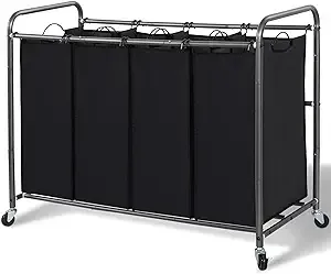 STORAGE MANIAC Laundry Sorter 4 Section, Laundry Hamper with Wheels, Laundry Basket Sorter, Laundry Separator Hamper, Laundry Divider Hamper, 4 Bag Laundry Hamper with Wheels and Removable Bags, BlackSTORAGE MANIAC Laundry Sorter 4 Section, Laundry Hampe