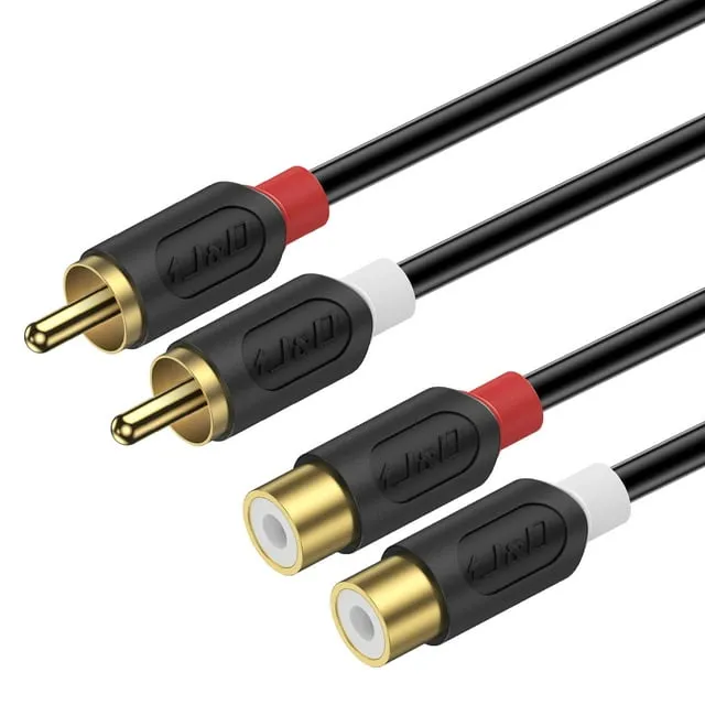 J&D 2 RCA Extension Cable, RCA Cable Gold Plated Audiowave Series 2 RCA male to 2 RCA Female Stereo Audio Extension Cable, 15 Feet