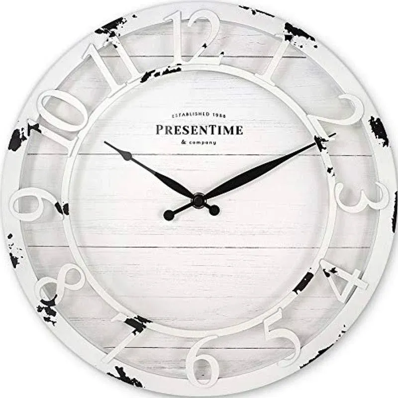 PresenTime & Co 13" Farmhouse Series Wall Clock, Quartz Movement, Shiplap Style, Raised 3D Arabic Numeral, Antique Distressed White