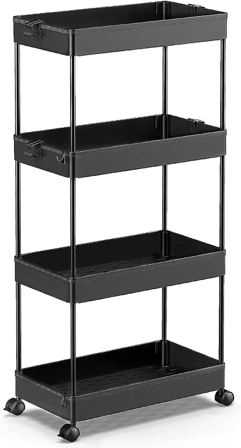 SPACEKEEPER Storage Cart 4 Tier Mobile Shelving Unit Organizer Rolling Utility Cart for Kitchen Bathroom Laundry, Black