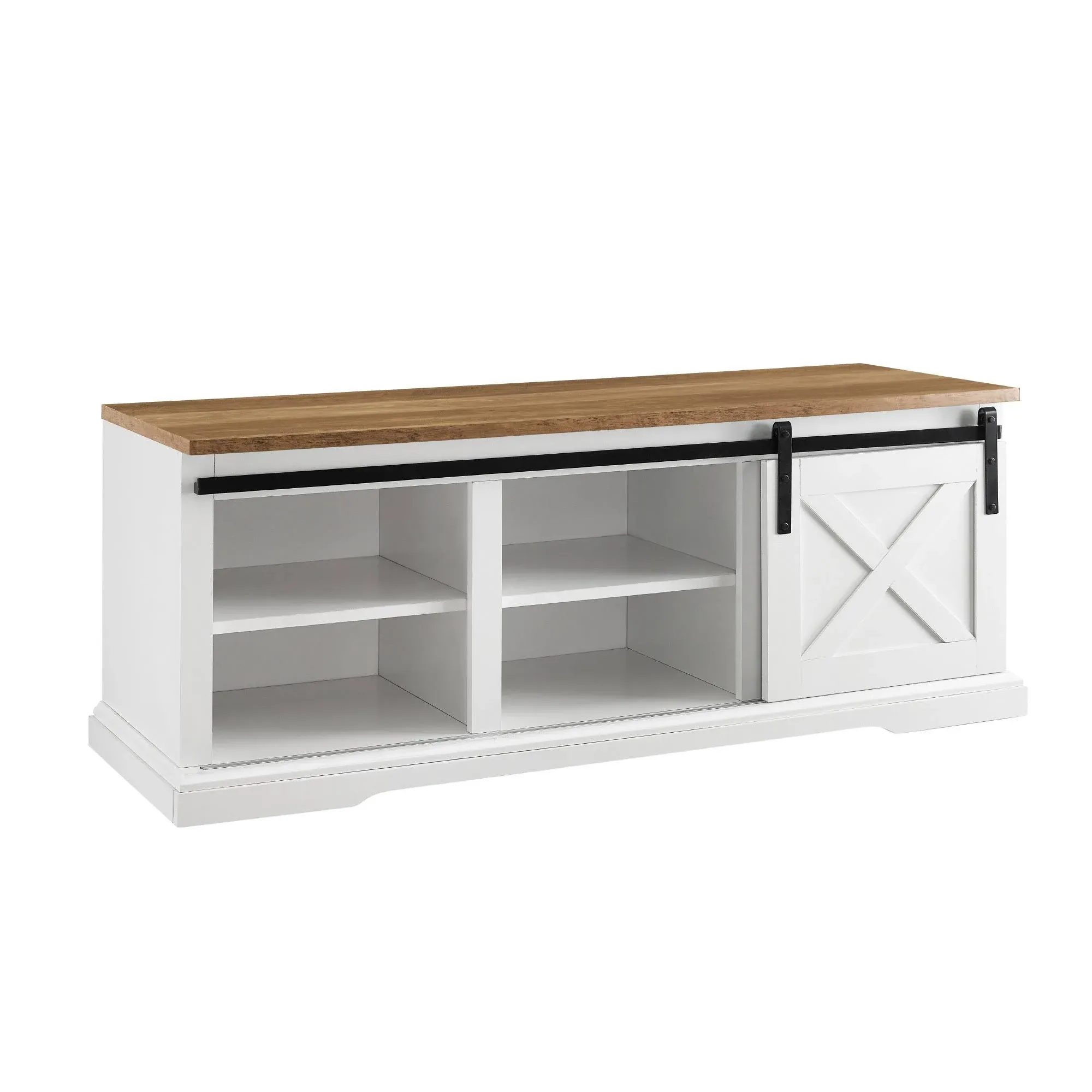 Walker Edison Sliding Barn Door Entry Bench - White / Reclaimed Barnwood 