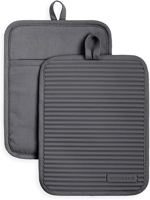 KitchenAid Ribbed Soft Silicone Pot Holder Set, Charcoal Grey 7"x9"