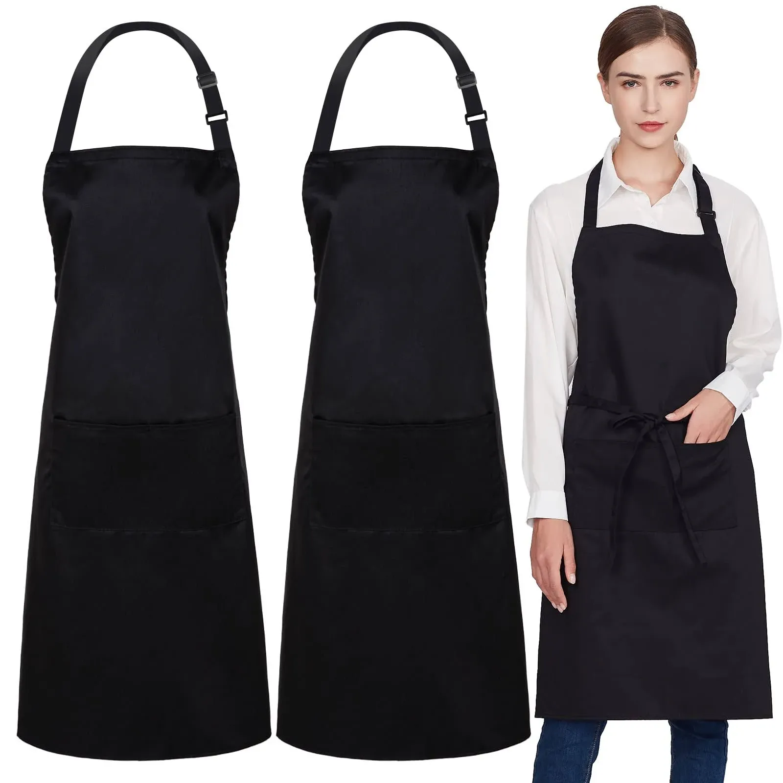 2 Pack 100% Cotton Aprons with 2 Pockets Cooking Chef Kitchen Adjustable Bib ...