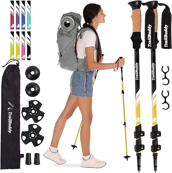 TrailBuddy Trekking Poles - Lightweight, Collapsible Hiking Poles for Backpacking Gear - Pair of 2 Walking Sticks for Hiking, 7075 Aluminum with Cork Grip