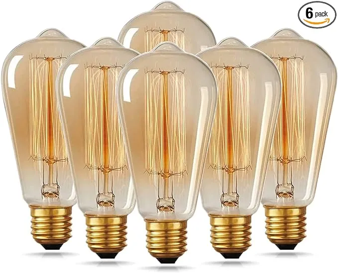 HESSION 6-Pack Vintage Edison Bulbs, ST64 40W E26 Base Amber Glass Warm White Filament Antique Decorative Dimmable Light Bulbs Used for Classical Pendant or Chandelier Lights