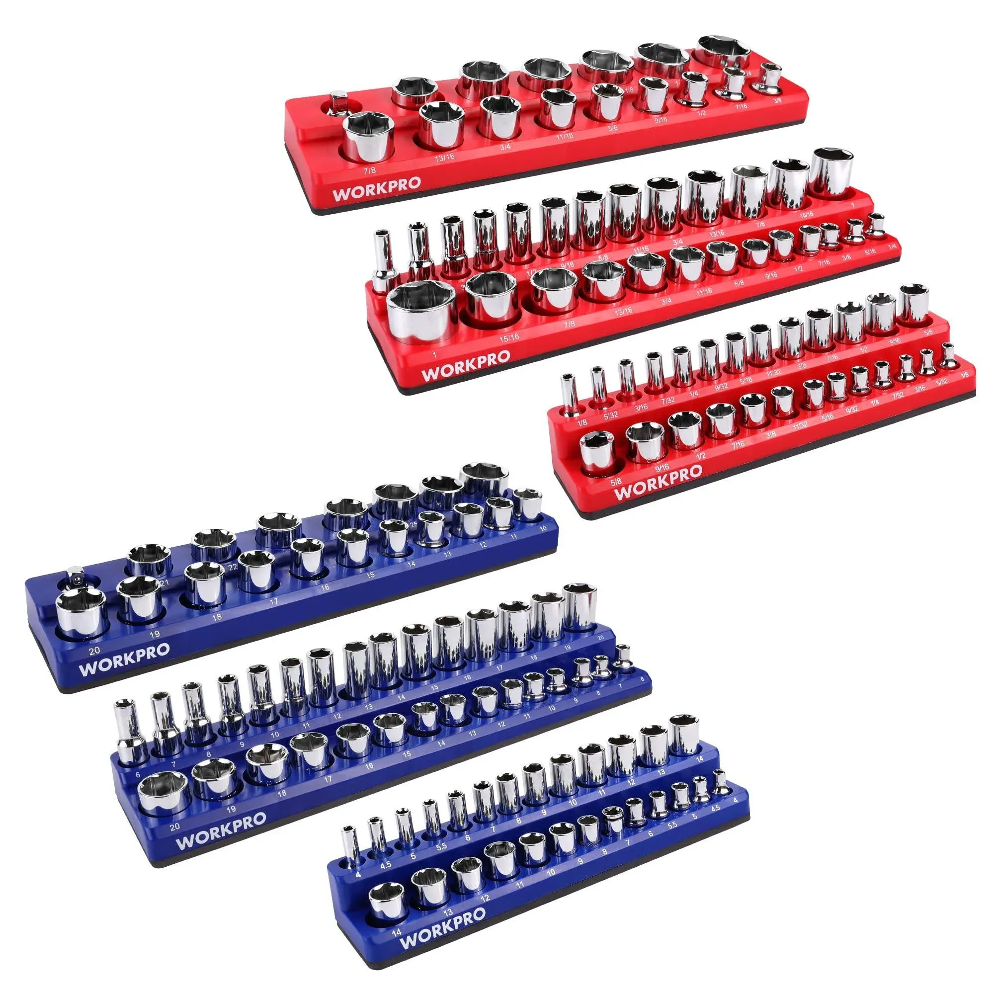 CASOMAN Magnetic Socket Organizer, 6 Piece Socket Holder Kit, 1/2-inch, 3/8-inch, 1/4-inch Drive, Holds 143 SAE&Metric Sockets, Red & Blue, Professional Quality Tools Organizer