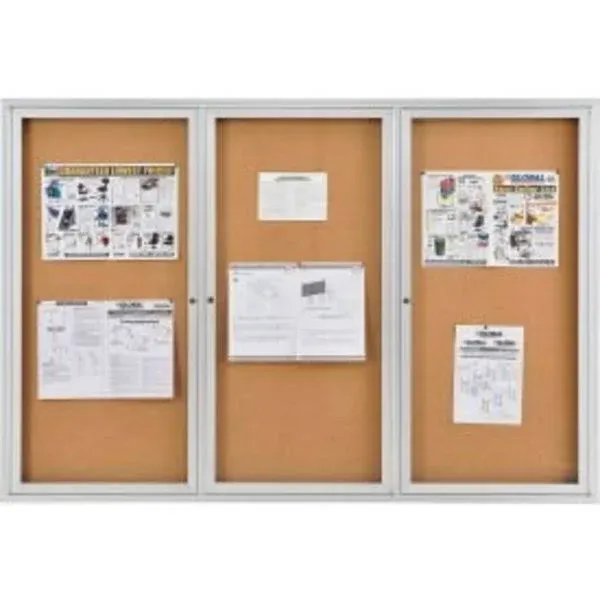 Global Industrial 3 Door Enclosed Bulletin Board, Cork, Aluminum Frame. 72" x 48"