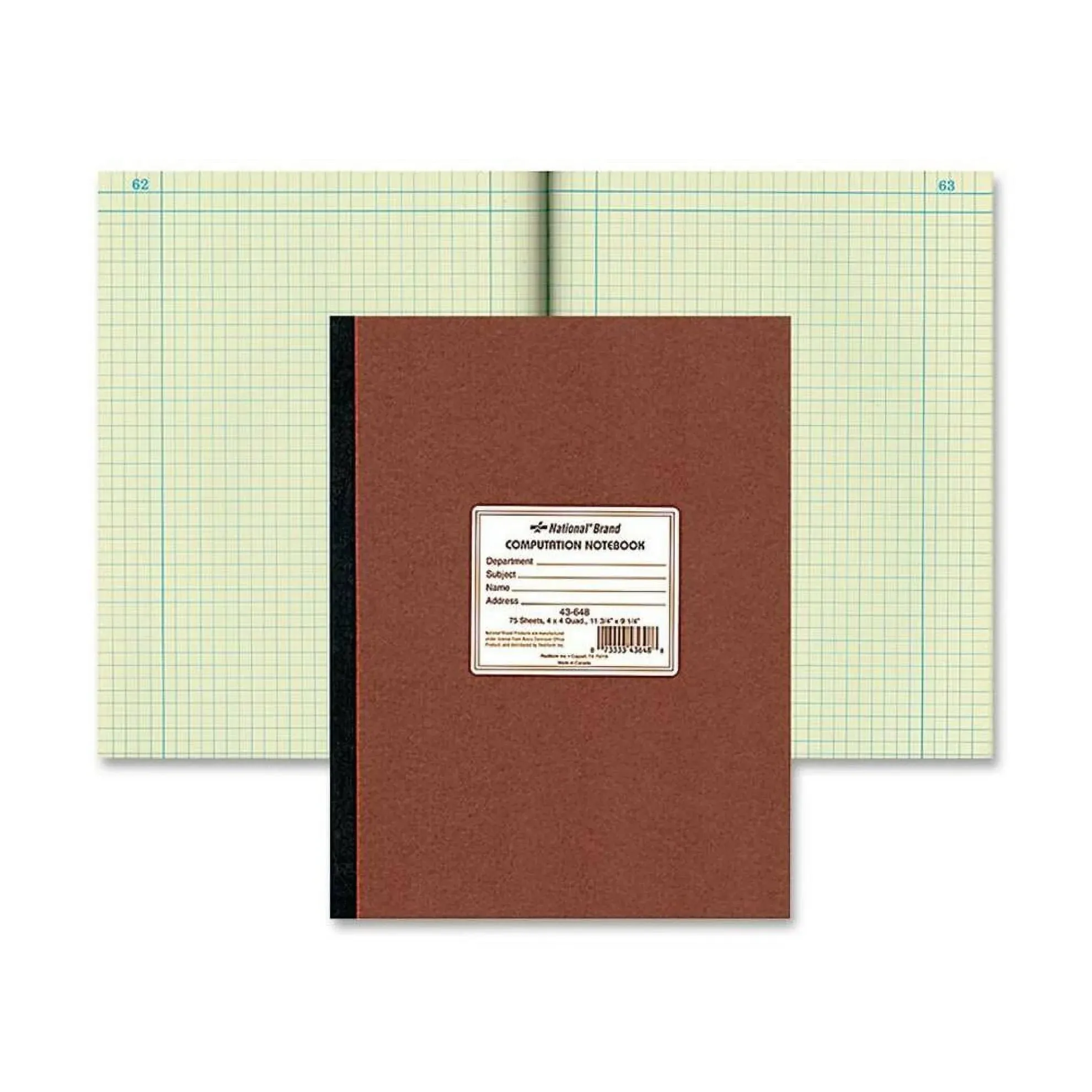  Brand Computation Notebook, 4 X 4 Quad, Brown, Green Paper, 11.75 x 9.25 