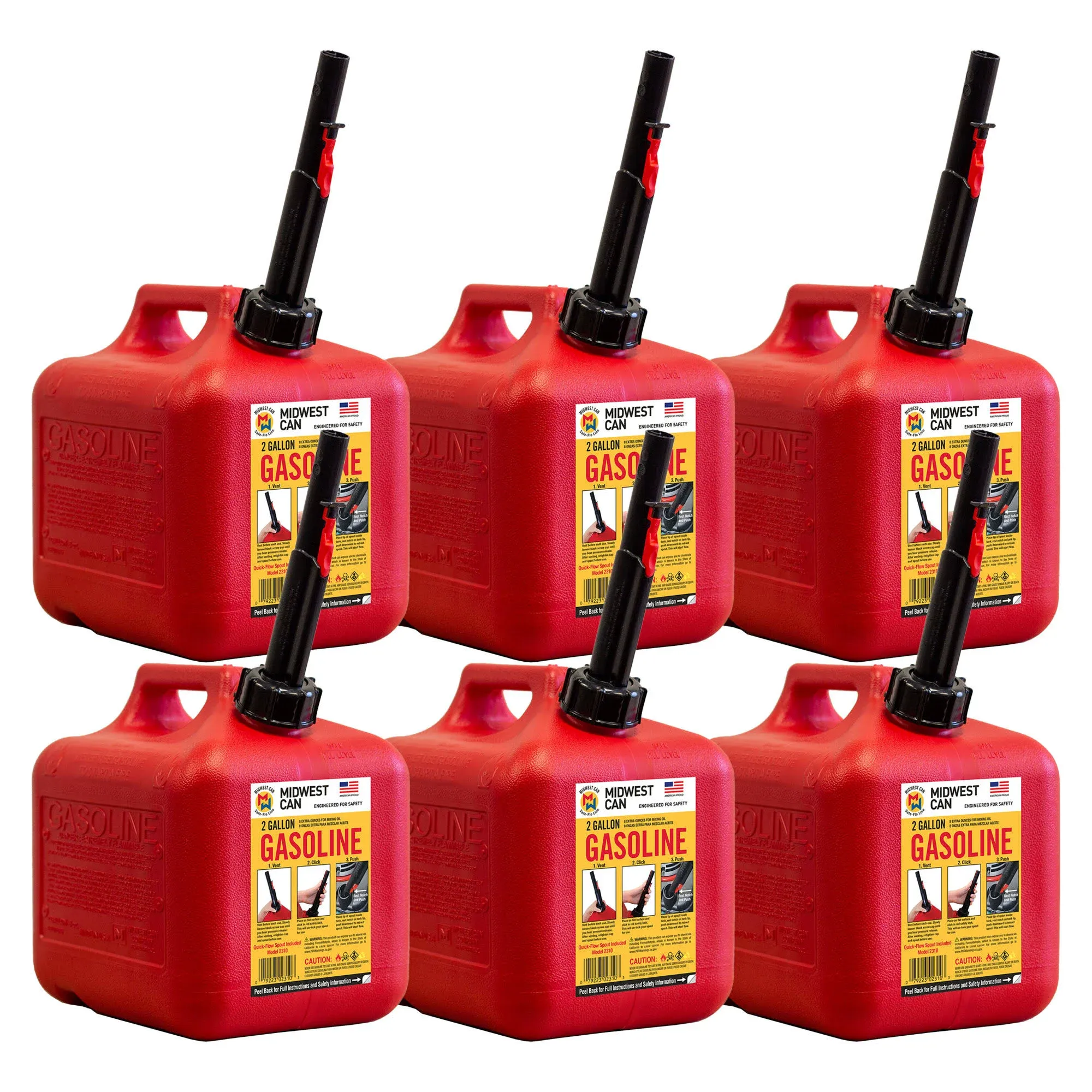 Midwest Can Company 2310 2 Gallon Gas Can Fuel Container Jugs w/ Spout (6 Pack)