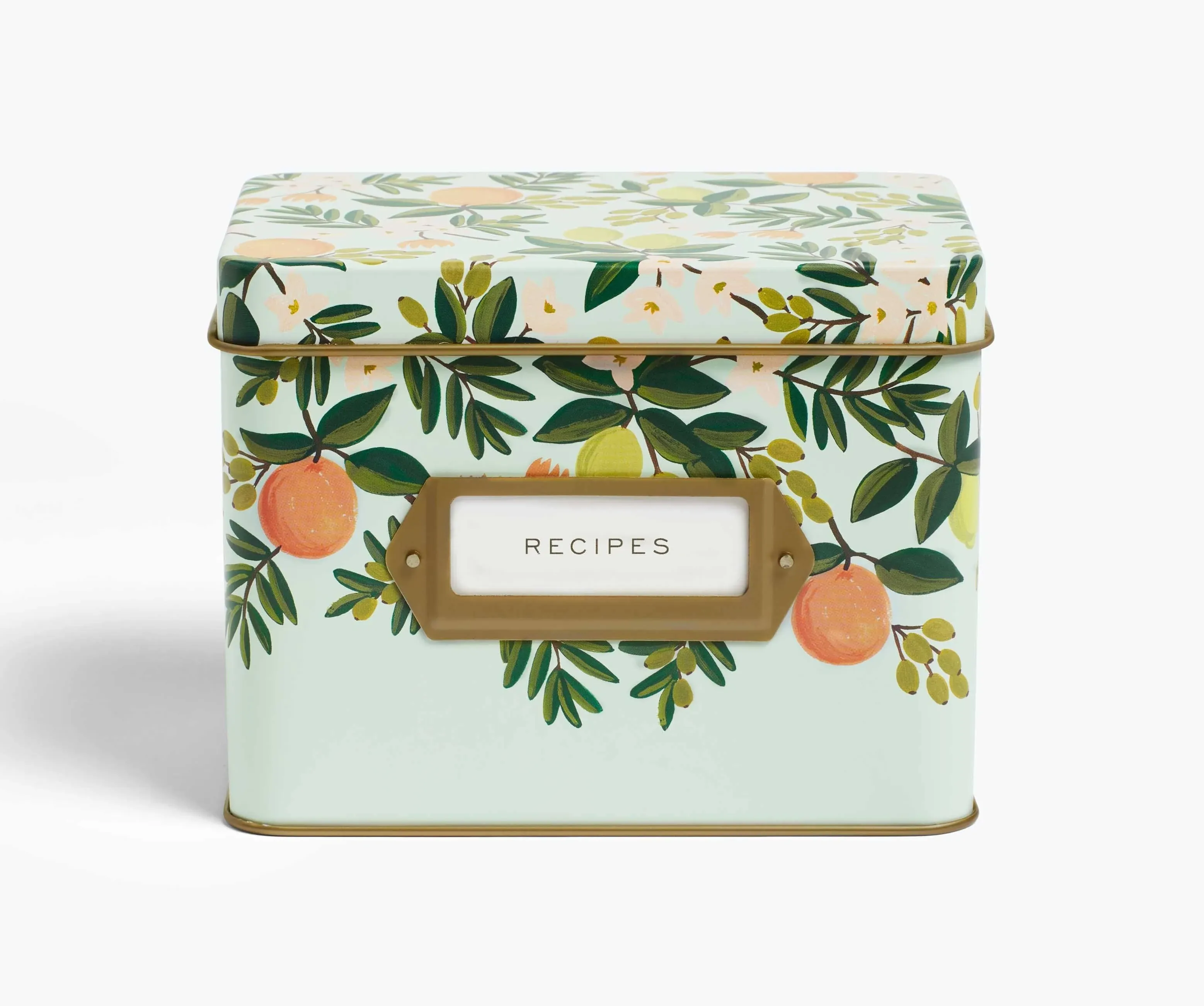 RIFLE PAPER CO. Citrus Floral Recipe Tin, Gold Metallic Interior, Gold-Framed Label On Front, Includes 24 recipe Cards and 12 Recipe Dividers, Bring Charm and Cheer Into Your Kitchen