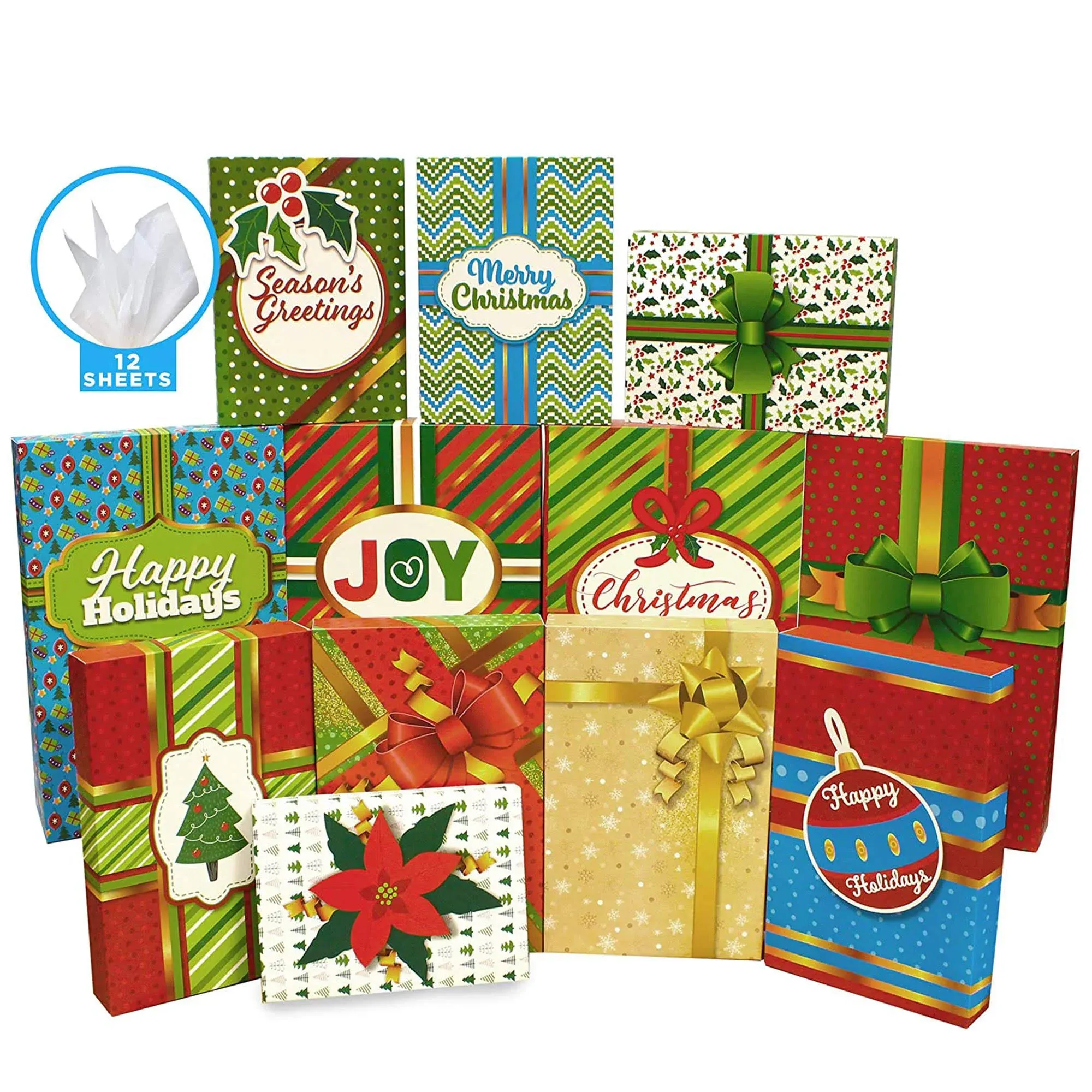 JOYIN 12 Pieces Xmas Gift Wrap Boxes with Multi Color Lids for Festive Xmas ...