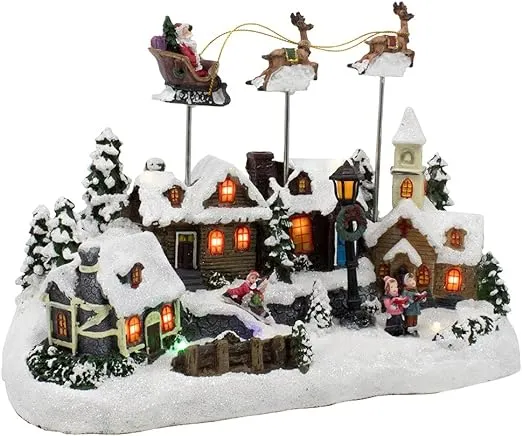 Kurt Adler Battery Operated Musical LED Village with Santa and Deer, 11-Inch