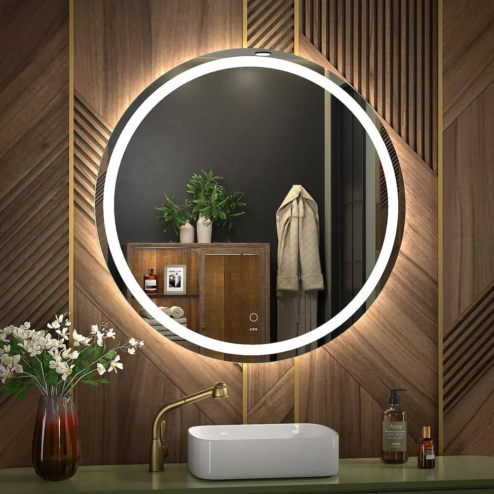 KWW 28 inch Large Modern LED Round Bathroom Vanity Mirror, Color Temperature Adjustable, Anti-Fog Dimmable Lights, Easy to Install, Wall Mounted