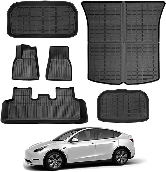 KIKIMO Floor Mats for Tesla Model Y 5-Seater 2020-2023 2024, All-Weather Cargo Liner Floor Mats for Tesla Model Y Accessories, Custom Fit Waterproof Anti-Slip Front Rear Cargo Liner Mat Full Set