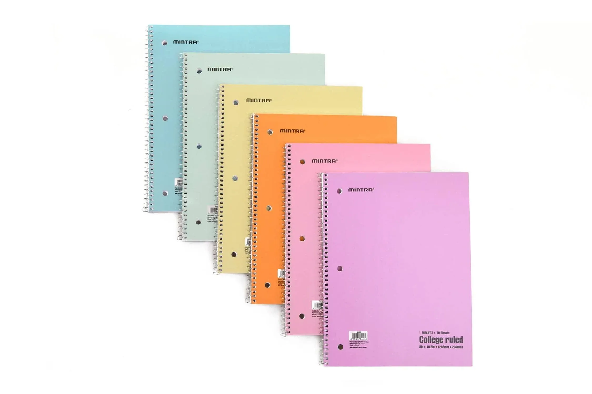 6-Pack Pastel College Ruled Spiral Notebooks - 70 Sheets Each, for School and Of