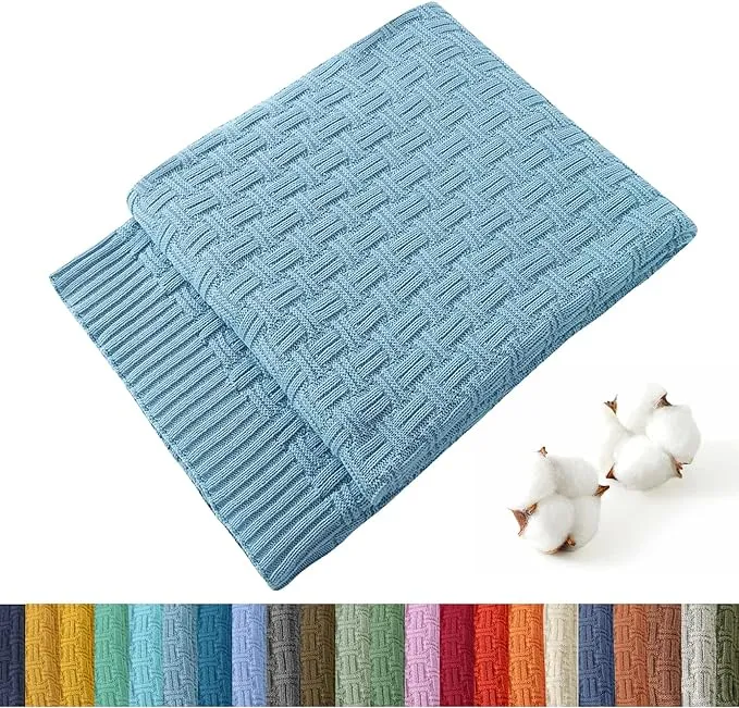 TREELY 100% Cotton Knitted Throw Blanket Couch Cover Blanket(50 x 60 Inches, Teal Blue)