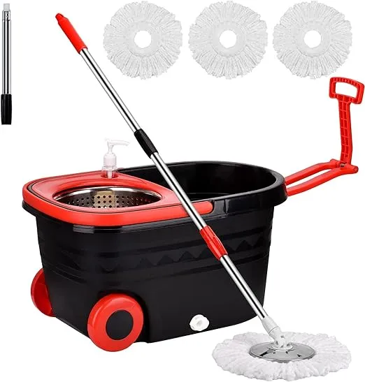 Mop Bucket Set, 360 Spin Mop Bucket with 3 Mop Heads, Mop and Bucket with Wringer Set Stainless Steel Spin Mop Bucket System on Wheels for Floor Cleaning Household Cleaning