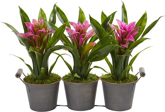 Nearly Natural Triple Potted Bromeliad Artificial Plant in Decorative Planter Purple