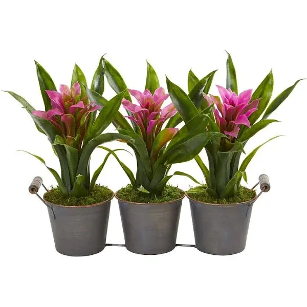 Nearly Natural Triple Potted Bromeliad Artificial Plant in Decorative Planter Purple