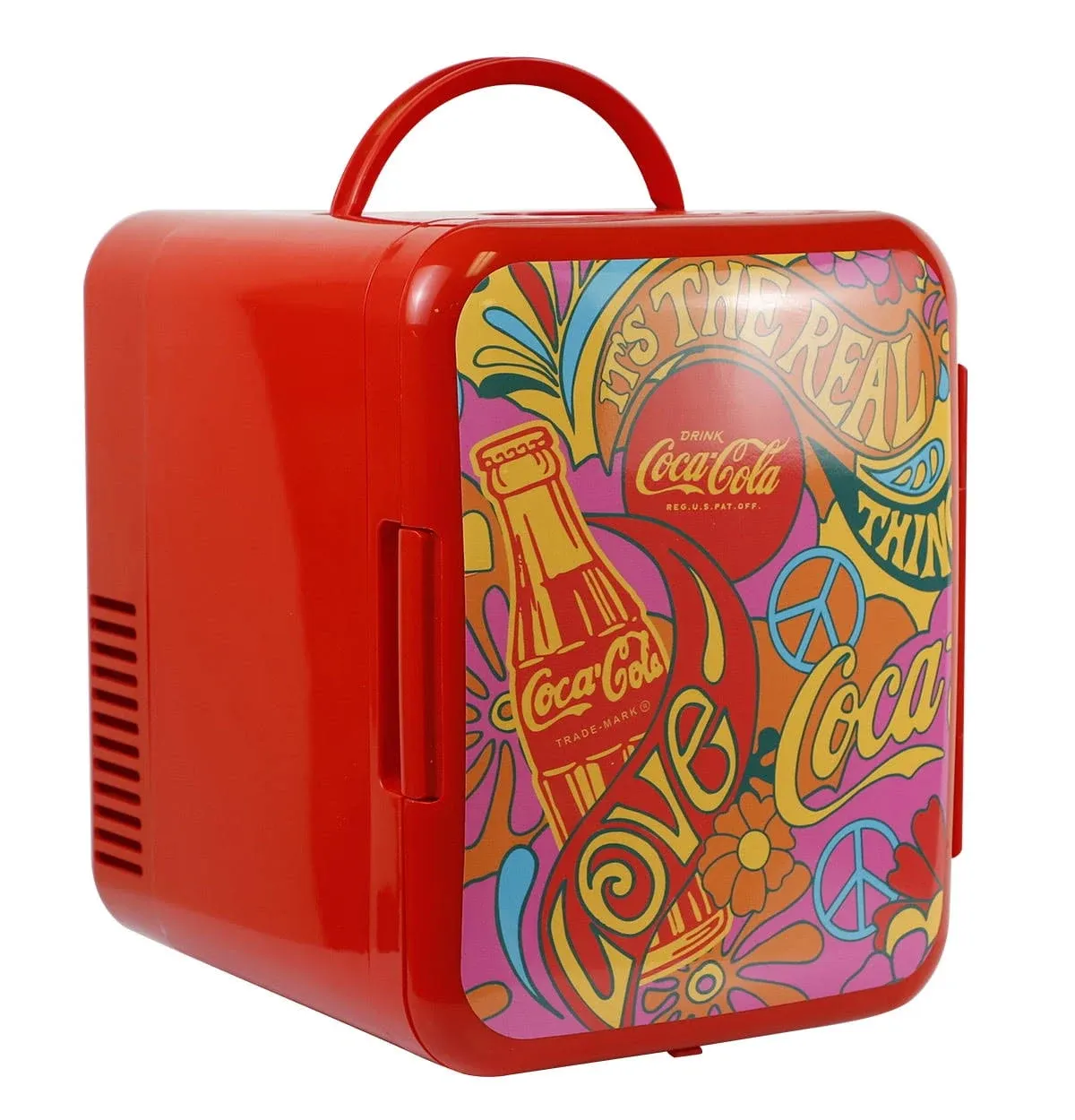 Coca-Cola Peace 1971 Series 4L Mini Fridge Cooler/Warmer with 12V DC and 110V AC Cords 6 Can Capacity Portable Personal Travel Refrigerator for Snacks Drinks Cosmetics Desk Home Office Dorm Red