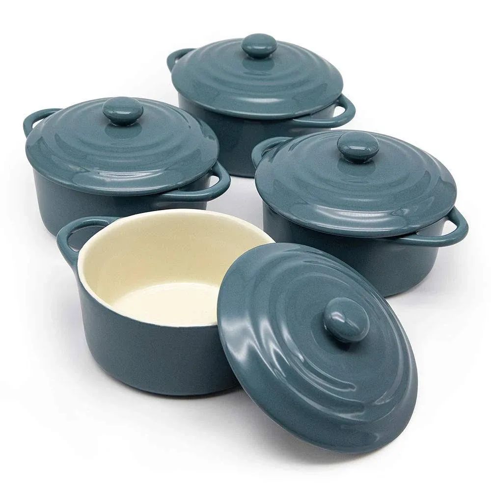 Kook Ceramic Mini Cocotte Set, Small Casserole Dishes with Lids and Handles, Individual Baking Ramekins, Oven, Microwave & Dishwasher Safe, Stoneware, 12 oz, Set of 4