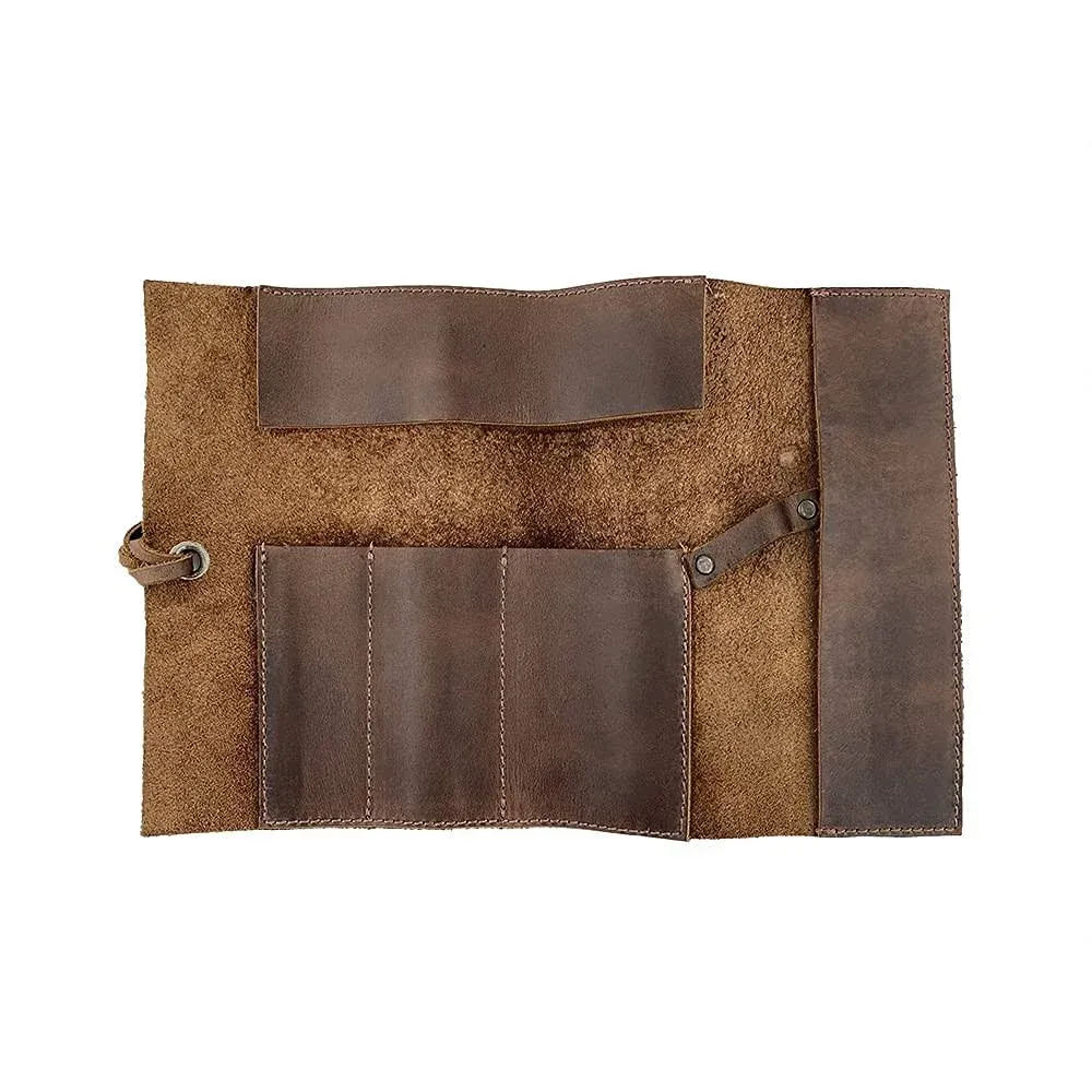 Hide & Drink, Rustic Pencil Roll Pouch, Multi-Purpose Storage Wrap for Scissors, Earphones, Organizer for Craft, Full Grain Leather, Handmade, Bourbon Brown