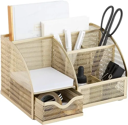 Gold Desk Organizer with Drawer - Gold Desk Accessories Small Desk Organizer Gold Pencil Holder for Desk Gold Office Accessories - Gold Desk Organizers and Accessories Gold Desk Caddy for Women Office