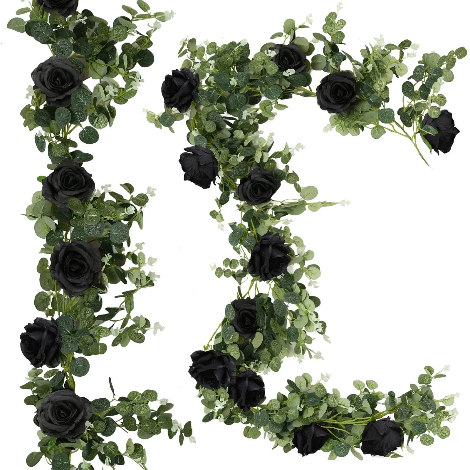 Trimgrace 6.56 Feet Artificial Eucalyptus Garland with Black Roses Faux Greenery