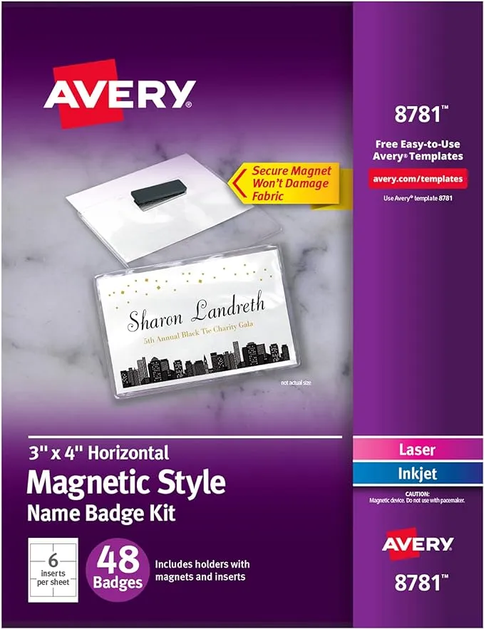 Avery Customizable Magnetic Name Badges, 3" x 4", White, 24 Printable Inserts and Badge Holders with Magnets (8780)