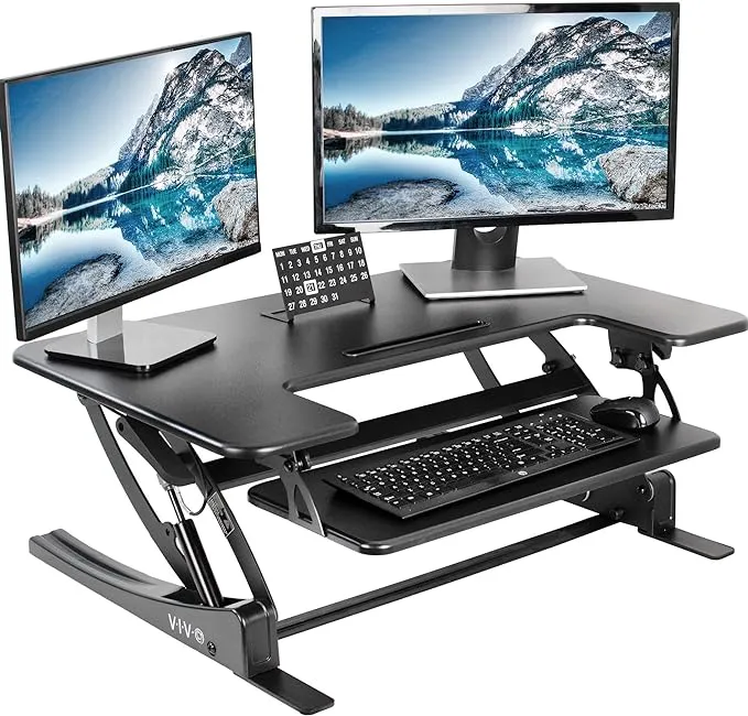 VIVO 36 inch Height Adjustable Stand Up Desk Converter, V Series, Quick Sit to Stand Tabletop Dual Monitor Riser Workstation, Rustic Vintage Brown Top, Black Frame, DESK-V000VN