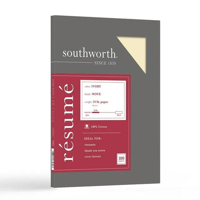 Southworth Resume Paper, 8.5" x 11", 24 lb., Wove-Finish, Ivory, 100 Sheets/Box (R14ICF)