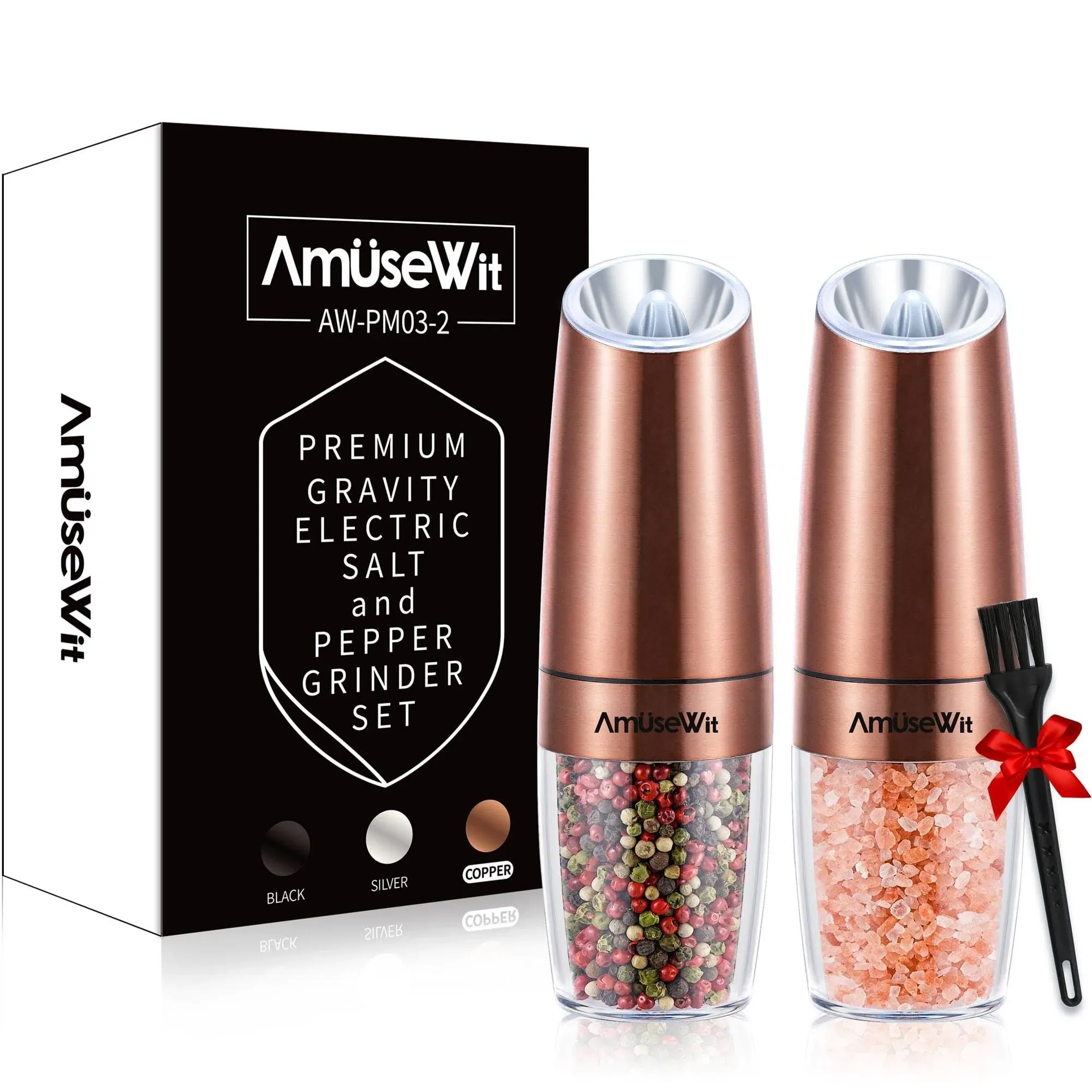 ELECTRIC SALT PEPPER GRINDER SET Gravity Automatic with Light Copper AMUSEWIT