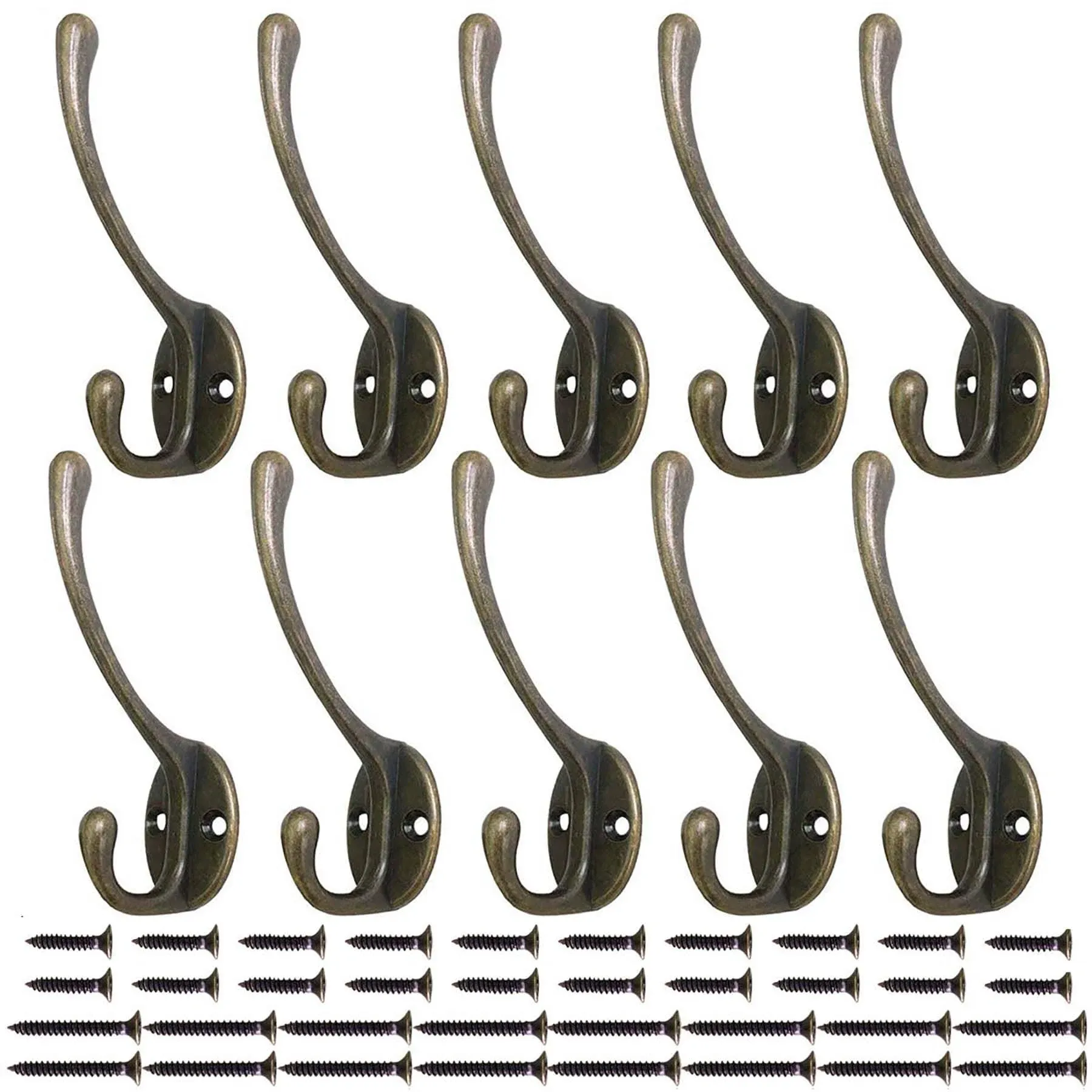 10 Pack Wall Mounted Heavy Duty Dual Coat Hooks with 40 Screws for Coat Bag Keys