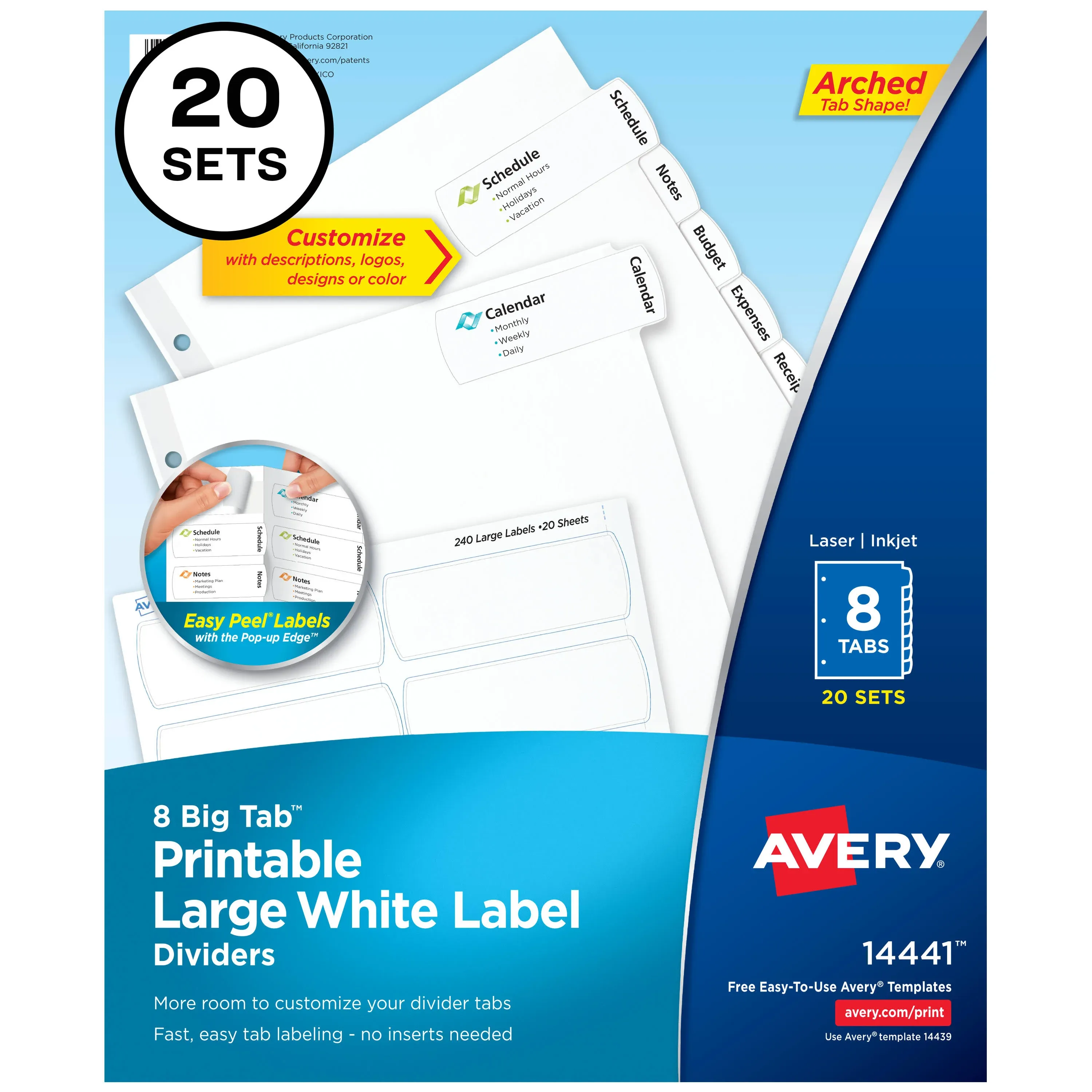 Avery 14441 11 in. x 8.5 in. 8 Big Tab Large White Label Dividers (20/PK) New