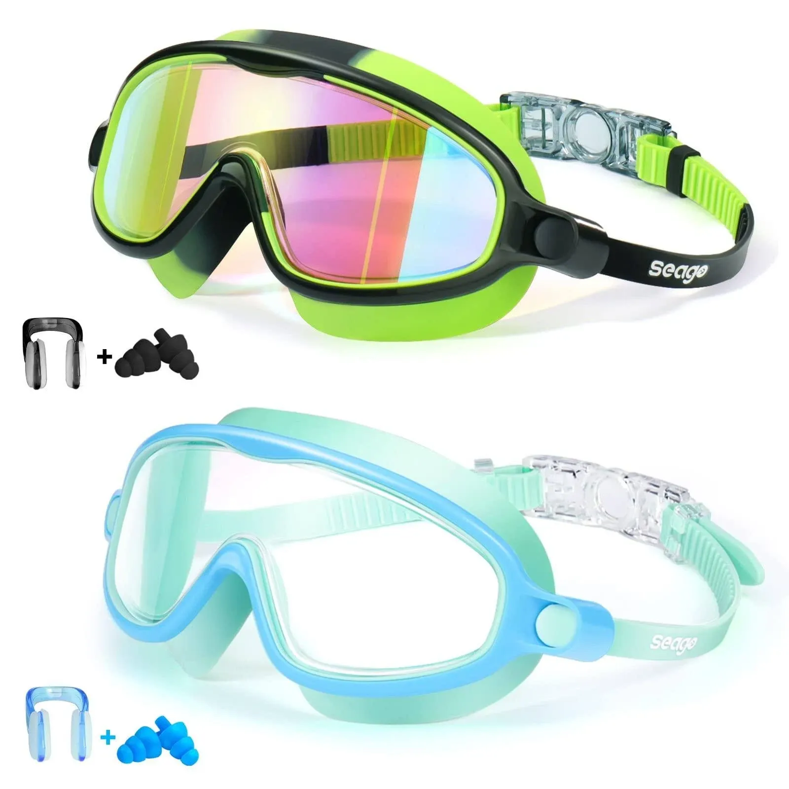 Seago Swim Goggles 2 Pack Anti-Fog Anti-UV Wide View Swimming Goggles for Kids 3-15