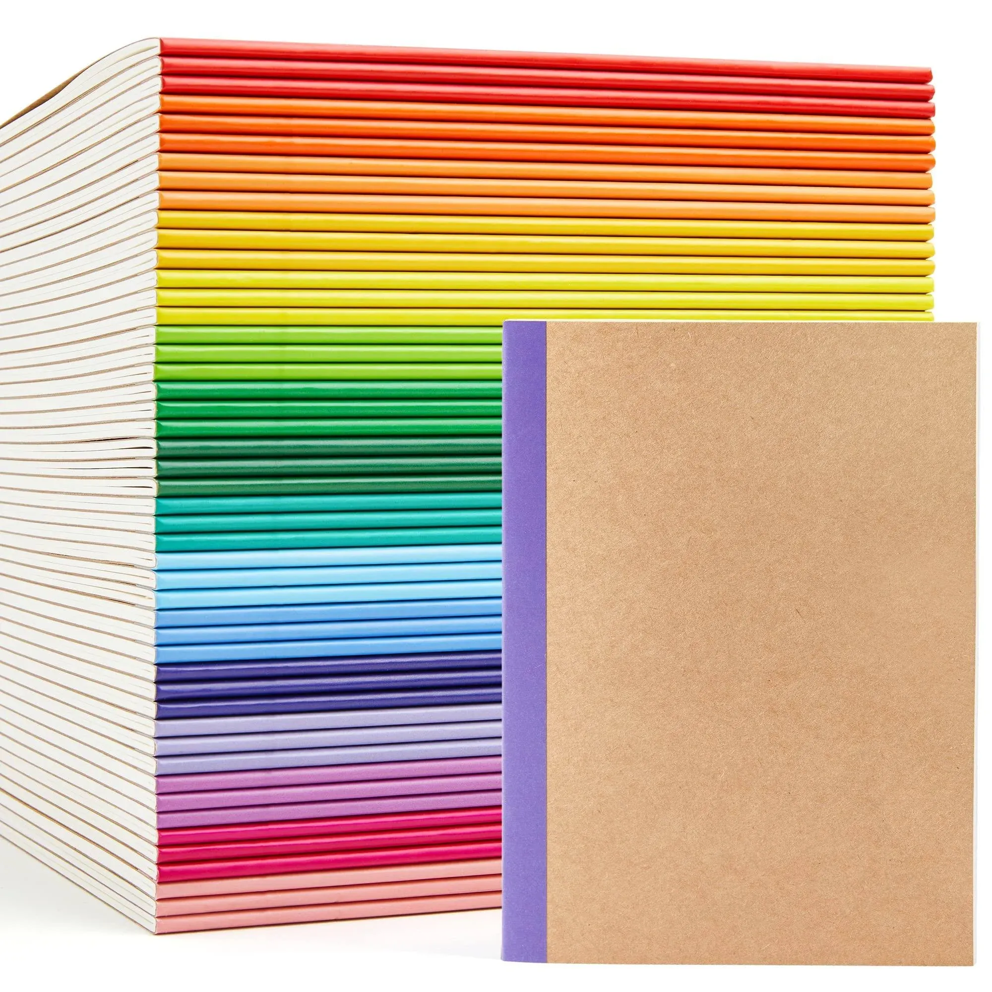 feela 48 Pack Composition Notebooks Bulk, Kraft Cover Lined Blank College Ruled Composition Travel Journals with Rainbow Spines for Women Students