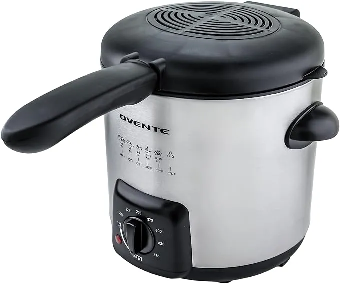 OVENTE Electric Deep Fryer 0.9 Liter Capacity, 840W Power with Locking Lid, Removable Stainless Steel Frying Basket, Adjustable Temperature Knob, Cool Touch Handles and Easy to Clean, Silver FDM1091BR