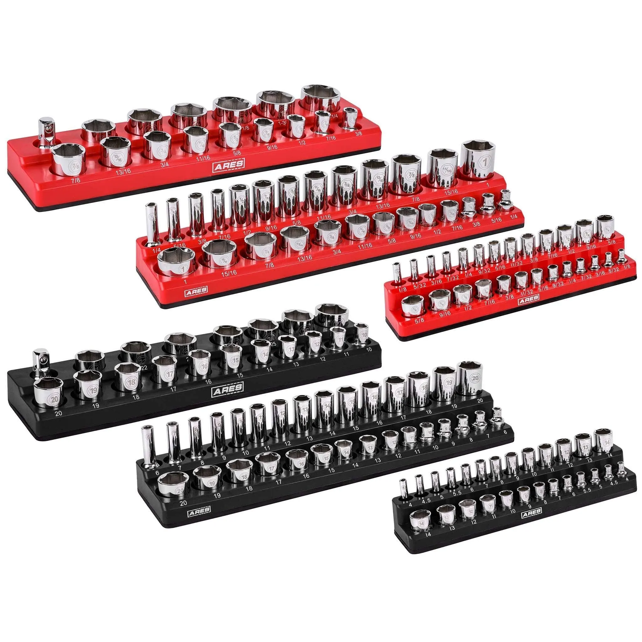 Ares 60057-6-Piece Magnetic Socket Organizers - Metric and SAE Set Black and Red -1/4 in, 3/8 in, 1/2 in Socket Holders -143 Pieces of Standard