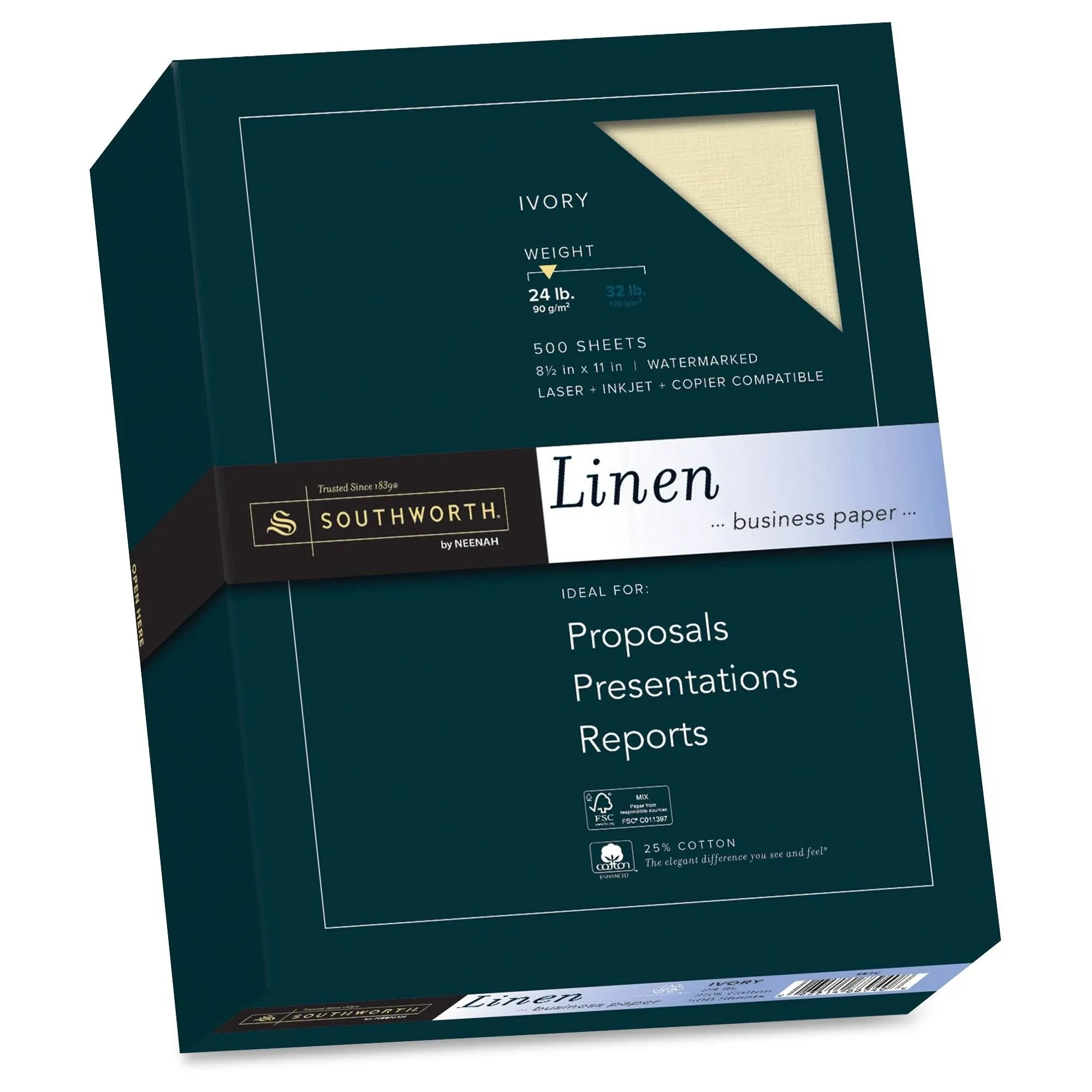 Southworth FSC Certified 55% Recycled 25% Cotton Linen Business Paper, 8 1/2in. x 11in., 24 Lb, Ivory, Box Of 500, 564C